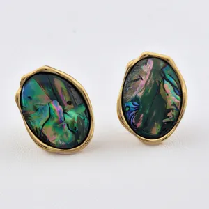 Chics boucles d'oreilles ovales irrégulières en coquillage abalone, style rétro doré.