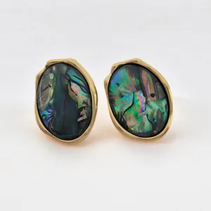 Boucles d'oreilles ovales irrégulières en coquille d'ormeau, métal doré rétro, bijou élégant.