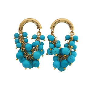 Boucles d'oreilles pendantes vintage perles turquoise pour femmes, bijoux chic dorés.