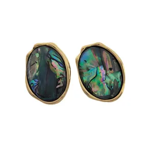 Boucles d'oreilles coquillage abalone naturel ovale irrégulier plaqué or bijou femme