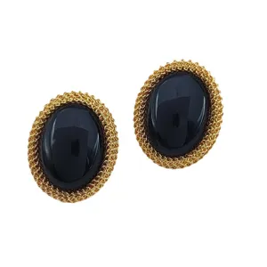 Boucles doreilles vintage style palais or lourd tressé avec pierre ovale noire chic rétro