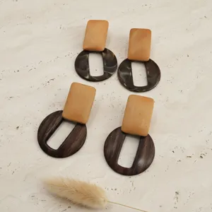 Boucles d'oreilles géométriques en bois vintage cercles acryliques creux bijoux rétro chic