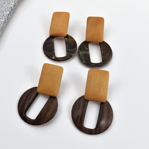 Boucles d'Oreilles Clous Géométriques Rétro Grain de Bois Pour Femmes Tige en Argent Sterling 925 Patchwork de Résine Bijoux Fantaisie