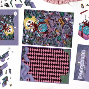 Detailed view of the 3d miniature castle sticker DIY set, showing components and packaging.