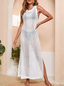 Women Casual Long Beach Cover Up Solid Color Hollow Out Knit Sleeveless Maxi Dress Summer Vacation Swimwear Coverup