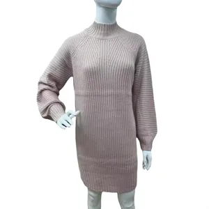 Pink high collar long sleeve ribbed knit sweater dress for women, main product view.