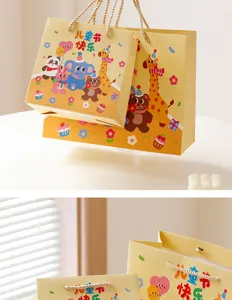 Detailed view of the cute cartoon gift bag showing vivid animal prints and sturdy rope handles.