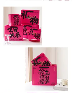 Rosa Geschenktüten mit niedlichem chinesischem Text und goldenen Akzenten, grosse Tragetaschen.