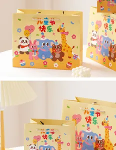 Cute cartoon children's day paper gift bags with handles, perfect for party favors and gifts.