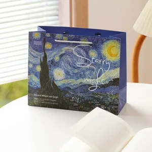 Sac cadeau d'art rétro nuit étoilée, sac fourre-tout peinture à l'huile pour fête d'anniversaire.