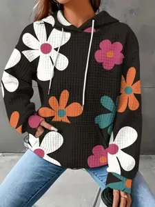 Sudadera con capucha elegante para mujer con estampado floral y bolsillo tipo canguro