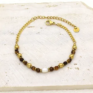 Detailed view of titanium steel bracelet with natural stones and freshwater pearl
