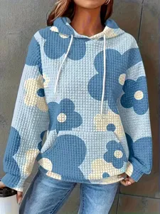 Sudadera con capucha informal para mujer con estampado floral y textura waffle azul