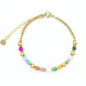 Bohemian colorful natural stone and freshwater pearl bracelet in gold titanium steel