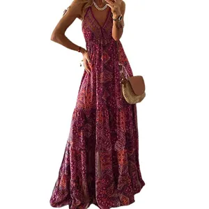 Abito lungo bohémien senza maniche con scollo a V e vivace stampa floreale paisley da donna