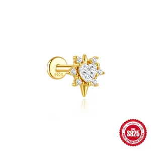 Σκουλαρίκι piercing χόνδρου από ασήμι 925 με καρδιά και αστέρι τεσσάρων σημείων από ζιργκόν