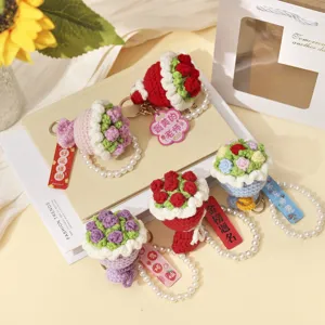 Handgehäkelt Wolle Blumenstrauß Schlüsselanhänger Zinklegierung Künstliche Perle Lehrer Tag Geschenk Für Damen Lehrer