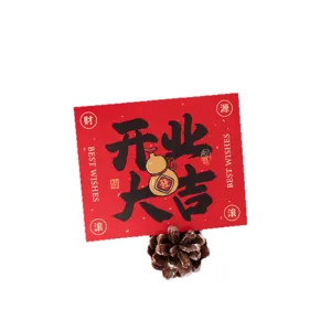 Grand opening red greeting card for flower basket decoration with blessing words and pine cone.