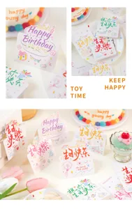 Ins style hand-drawn 3D birthday greeting cards, colorful cake design message cards for party.
