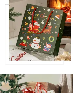 Cute cartoon Christmas gift bag, festive green paper bag with red handles for holiday presents.