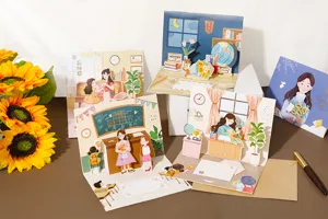 Primo piano di biglietti augurali 3D pop-up con simpatiche scene di classe e buste in carta.