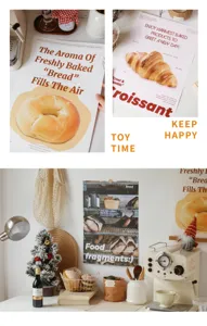 A3 bakery wall poster set, retro bread aesthetic art print for cafe and cake shop decor.