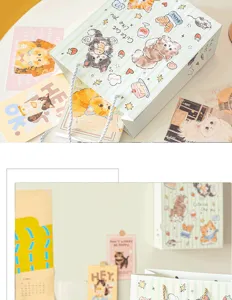 Süße Katzen Cartoon Geschenktüte Set mit Grußkarten, grünes gestreiftes Design für Partys.
