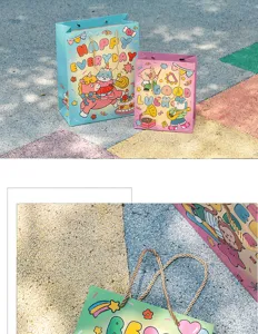 Cute cartoon birthday gift paper bags with handles, colorful design for party celebration and shoes.