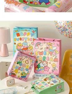 Cute cartoon gift bags for birthday party gifts, colorful paper shopping bags with handles.