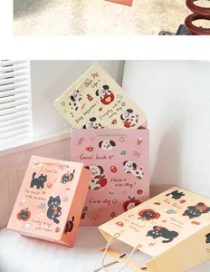 Suesse Cartoon Geschenktueten mit Hund und Katze, rosa aesthetische grosse Papier Tragetaschen.