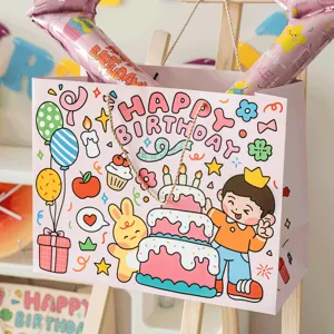 Cute pink birthday gift bag, large cartoon tote bag for presents and shoeboxes packaging.