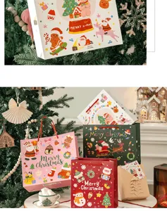 Christmas gift bags detail showing cute cartoon Santa and reindeer paper bags with handles.