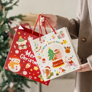 Cute cartoon Christmas gift bag, festive paper tote for holiday apple and candy packaging.