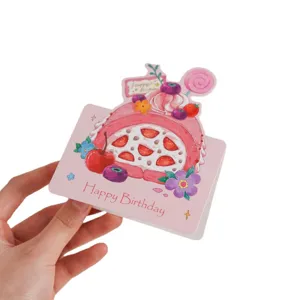 Rosa Sahnetorte 3D Geburtstagskarte, Ölgemälde Stil Grußkarte für Geschenkbox Dekoration.
