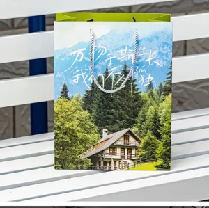 Landscape print paper gift bag with inspirational Chinese text for birthday flower packaging