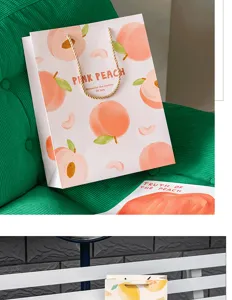 Summer fresh peach pattern gift bag, thick white card paper with gold handle, stylish packaging.