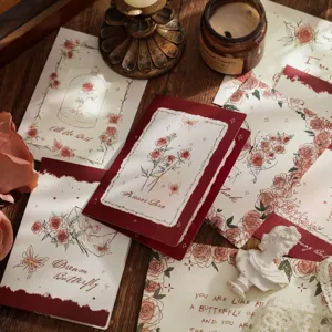Vintage Illustrated Paper Greeting Card Elegant Rose Butterfly Cutout Message Card Hand-Drawn Birthday Blessings Gift Note Card Envelope Pack