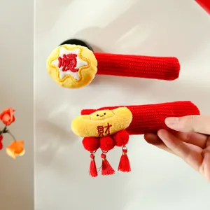Neujahr Türgriff Abdeckung rot gestrickt festliche Hängedeko mit Plüsch Glücksbringer Ornament.