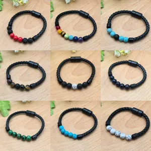 Bracciale Minimalista in Cordino di Cuoio Intrecciato Con Chiusura Magnetica Bracciale in Pietra Lavica Naturale Occhio di Tigre Gioielli Moda Unisex