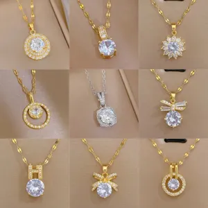Set collane con ciondolo in zircone e acciaio, gioielli eleganti da clavicola all'ingrosso.