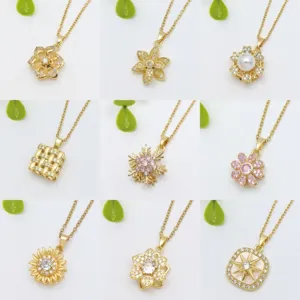 Stainless Steel Zirconia Flower Rotating Pendant Necklace Gold Plated Chic Clavicle Chain Jewelry Gift For Women