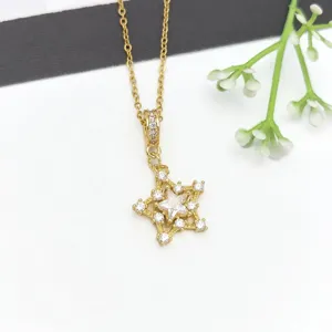 Dettaglio in primo piano di una collana con ciondolo a stella dorata brillante con zirconi.