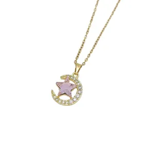 Collana con Pendente Luna e Stella Dorata con Zircone Rosa Gioiello da Donna Elegante