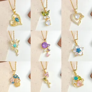 Collana con Ciondolo in Acciaio Inossidabile Rame Zirconia Fiore Animale Cuore Placcato Oro Gioielli Versatili da Donna