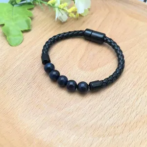 Bracciale in pelle intrecciata da uomo con chiusura magnetica e perle di pietra blu