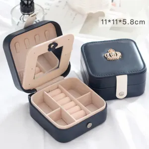 Portagioie portatile in pelle PU a doppio strato con specchio, rotolo anelli e custodia.