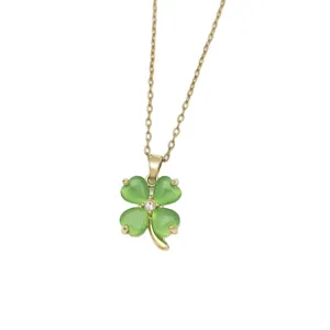 Collana in acciaio inox dorato con ciondolo quadrifoglio in occhio di gatto verde donna.