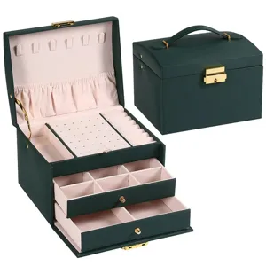 Portagioie multistrato verde scuro con interno rosa, custodia di stoccaggio portatile anelli.