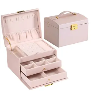 Portagioie in pelle rosa organizzatore di gioielli multistrato con cassetti e serratura