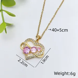 Collana con ciondolo a doppio cuore chic con zirconi rosa, elegante catena in oro da donna